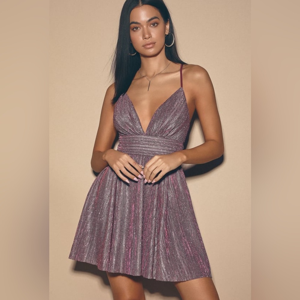 Lulus Stop the Show Glitter Skater Womens Dress Pink Purple - Size Small